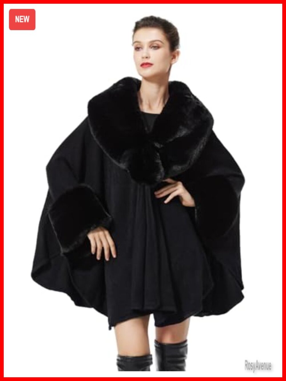 Faux Rabbit Fur Shawl Wrap Sleeveless Cape with Hidden Hook Closure